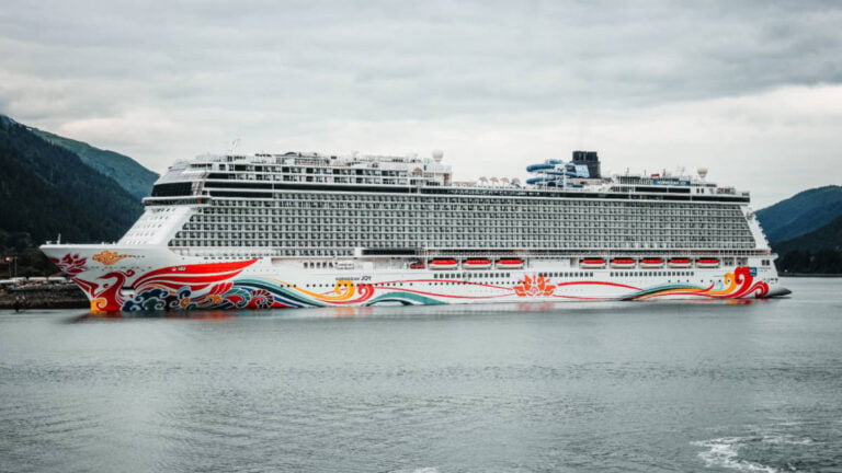 Norwegian Joy Docks Late in Sitka With Dead Whale on Its Bow